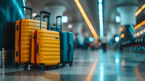 luggage suitcases at the airport wide banner with copy space area for vacations and holiday travel concepts