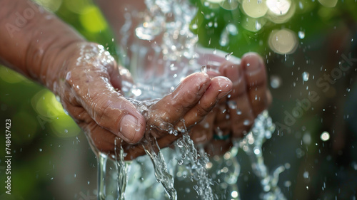 Close-up of hands scooping up fresh, sparkling water, with droplets suspended in motion, symbolizing purity and life