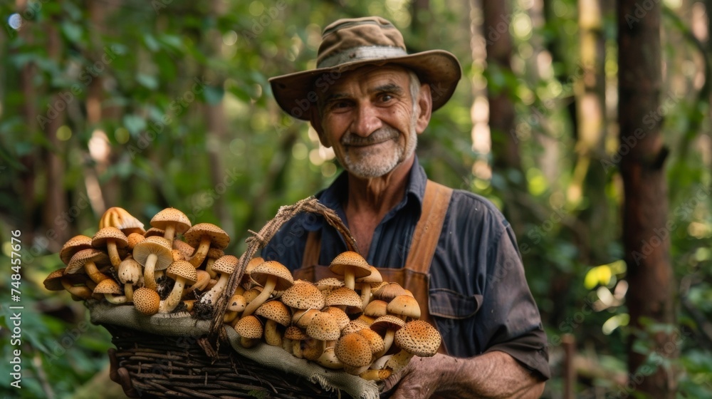 Against a backdrop of towering trees a man holds a large harvest basket filled to the brim with foraged mushrooms. His hands are stained with the earthy colors of the fungi Against a backdrop of towering trees a man holds a large harvest basket filled to the brim with foraged mushrooms. His hands are stained with the earthy colors of the fungi