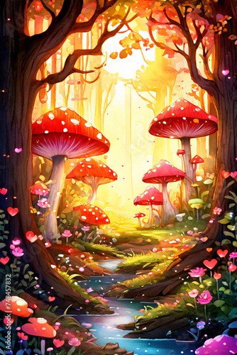 Bright colorful enchanted forest with giant mushrooms © Dannysv