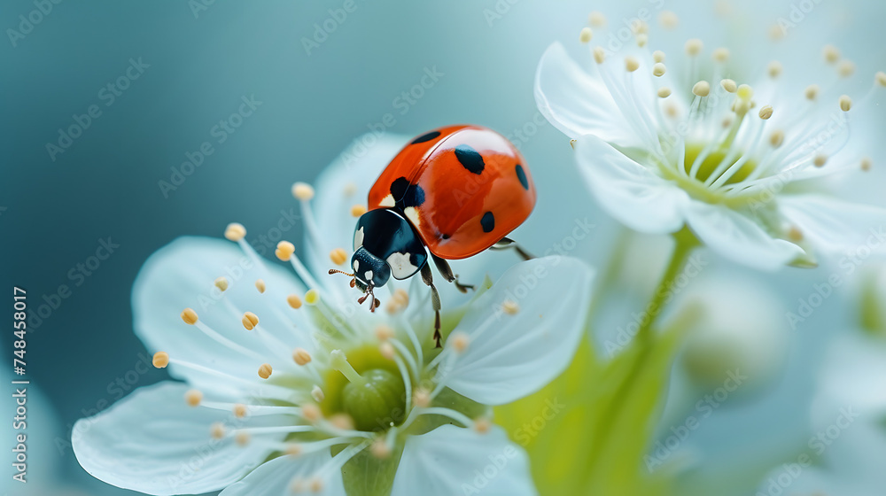 Fototapeta premium Ladybug on the white flower, spring background