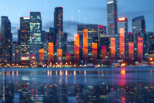 A towering cityscape at dusk serves as the backdrop for a data chart  illustrating the financial success and strategic actions of a thriving metropolis