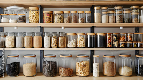 kitchen pantry storage room for home supplies organized with food containers and glass jars on shelves racked cabinets photo