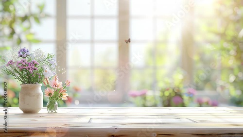 desk of free space for your decoration and blurred garden view in background. seamless looping overlay 4k virtual video animation background photo