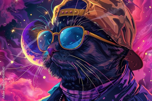 Close up of a hip hop cat under the moon street style meets cosmic vibes photo