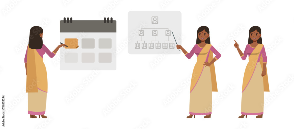 Set of businesswoman wear purple color shirt character vector design. Indian people working in office planning, thinking and economic analysis. Presentation in various action. Set of businesswoman wear purple color shirt character vector design. Indian people working in office planning, thinking and economic analysis. Presentation in various action.