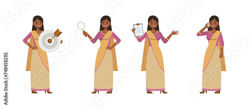 Set of businesswoman wear purple color shirt character vector design. Indian people working in office planning, thinking and economic analysis. Presentation in various action.