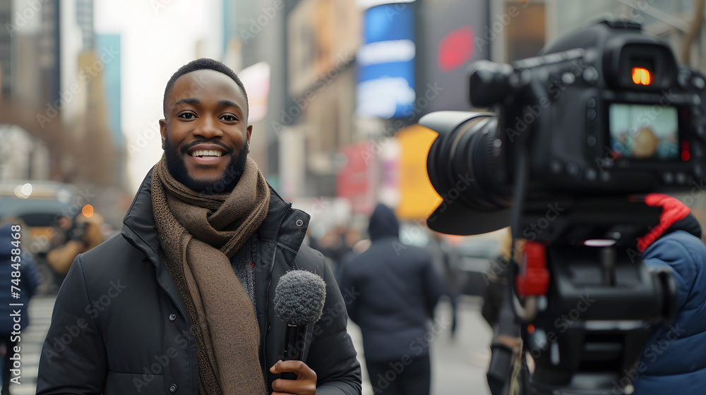 man public black speaker giving speech in front of tv camera or breaking news reporter covering live news media and television press headlines standing in the middle of the street holding mi man public black speaker giving speech in front of tv camera or breaking news reporter covering live news media and television press headlines standing in the middle of the street holding mi