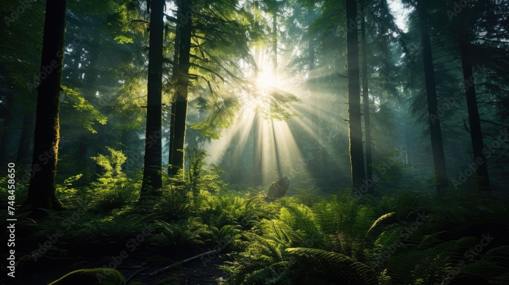 Obraz premium Sunrays in dark forest. Sun rays in woods. Sunbeam light