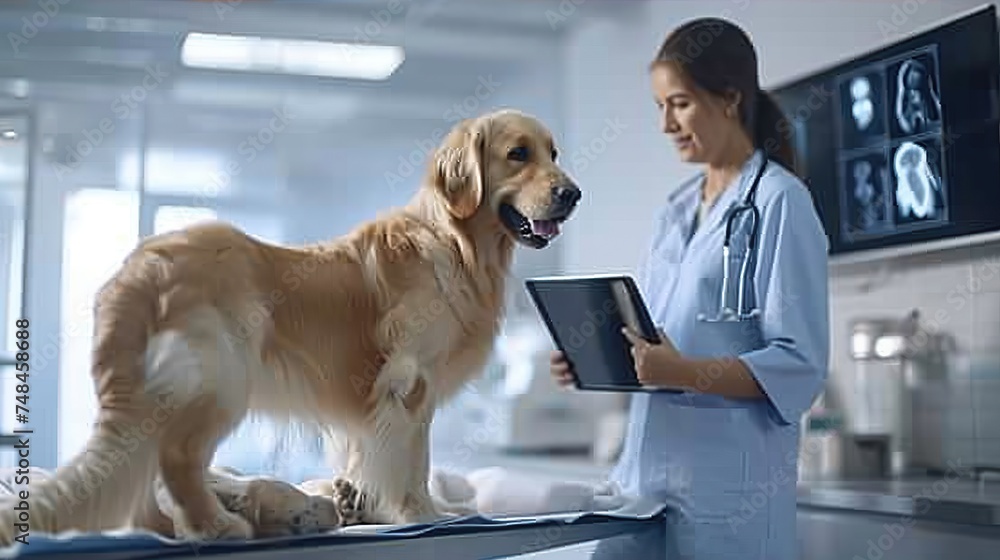 At a Modern Veterinary Clinic: Golden Retriever Pet Standing on Examination Table as a Female Veterinarian Assesses the Dog's Health on a Tablet Computer with X-Ray Scans.