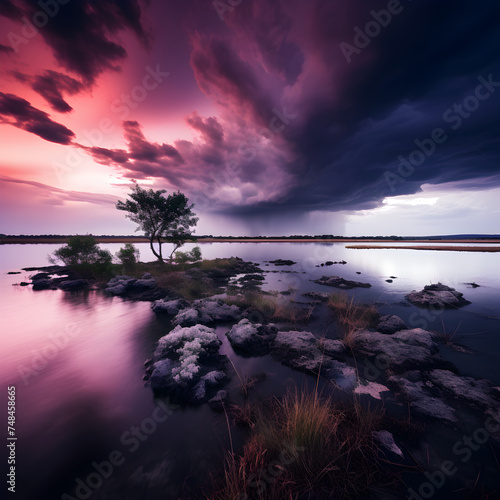 Surreal Tranquility: A Stormy Sky Over a Peaceful Lake Amidst Lush Greenery © Bill