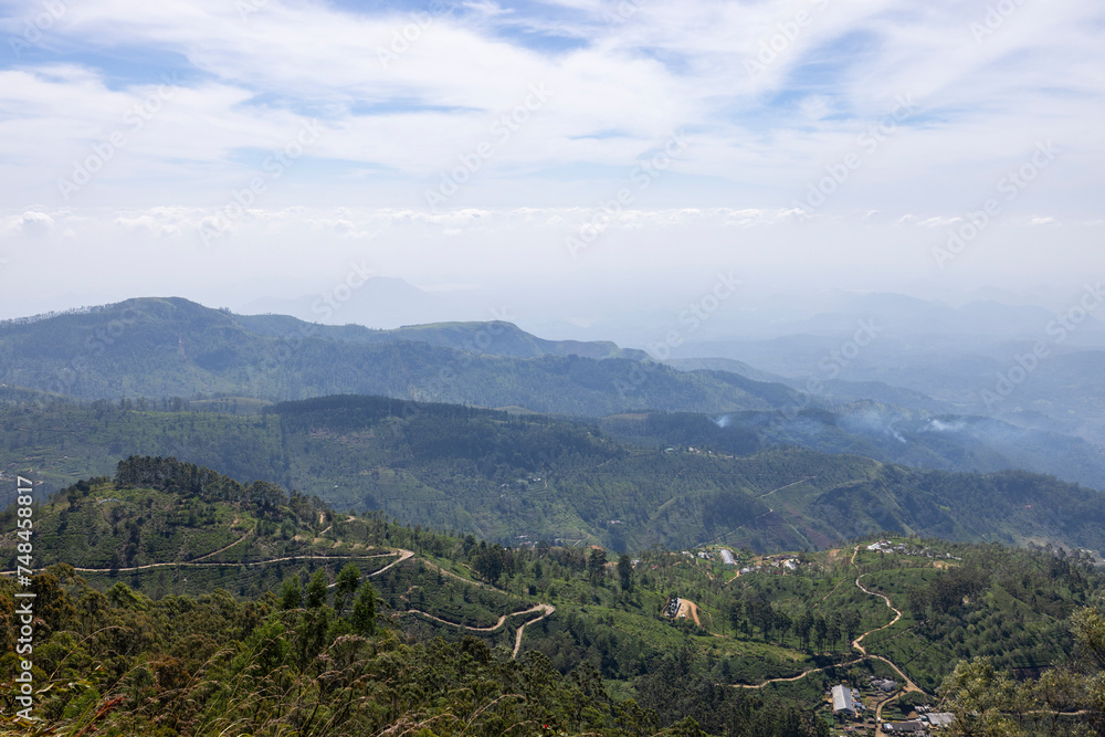 Views across the tea plantations in the Nuwara Eliya District, Central Province of Sri Lanka