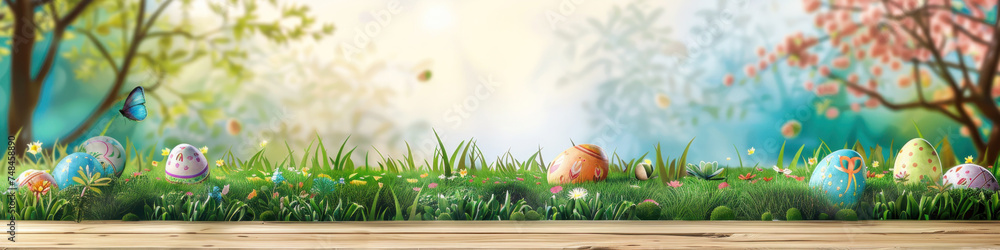 A wooden product display top with an Easter background of painted eggs and green grass and meadows.