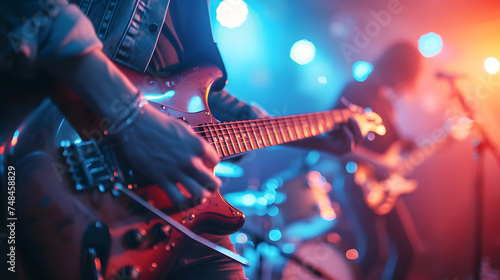 Music band group perform on a concert stage. Guitarist on stage for background, soft and blur concept. Music band performing in a recording studio