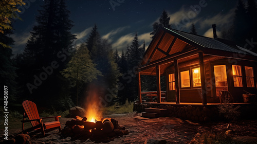 A starry night sky over a rustic cabin in the woods  with a campfire in front.