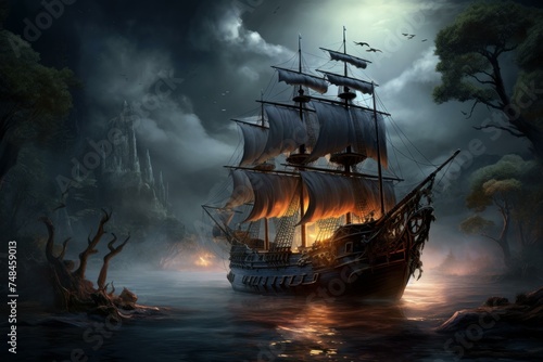 Spectral Pirate sailing ghost ship sunshine. Wave dark. Generate Ai
