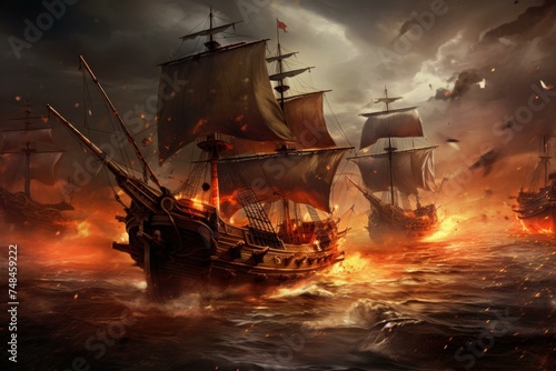 Fierce Pirate ships battle. Sail war fog. Generate Ai photo