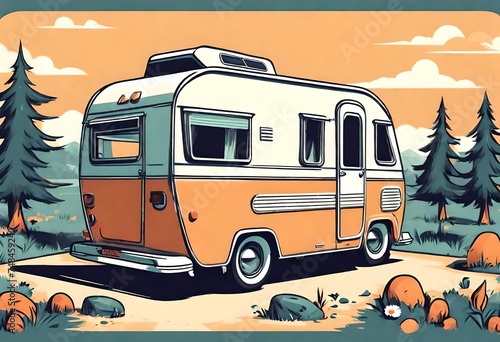 cartoon illustration of a fictional unbranded vintage camper with retro colors © freelanceartist