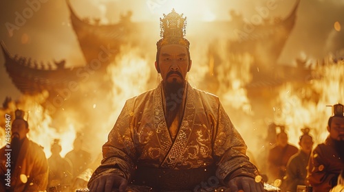 A figure in yellow robes seated in a temple with fire and smoke around. Emperor sitting on throne with majesty and solemnity