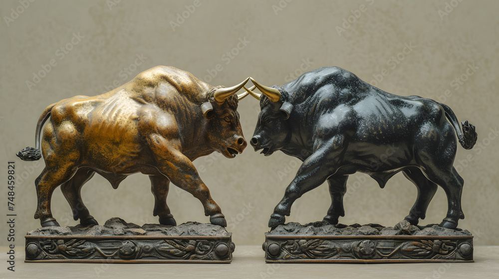 statue of a fight between bull and bear market investor concept statue of a fight between bull and bear market investor concept