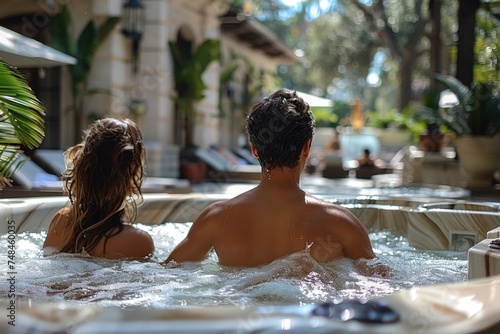 Two people relaxing in a bubbly hot tub in a tranquil outdoor spa setting.