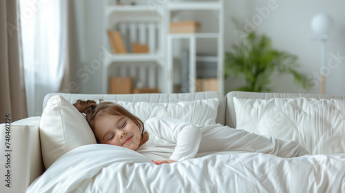 Sleeping child on a cozy sofa, peaceful, home, rest, innocence, white interior, tranquil, comfort
