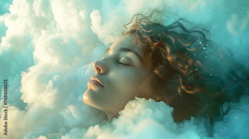 Woman Sleeping on Cloud. Sleep, Dream, Bed, Calm, Peace, Female, Lady, Relaxation, Sleepy, Sky
