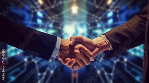Close up of business people shaking hands against technology background  leader  teamwork  target  Aim  confident  achievement  goal  on plan  finish  generate by AI