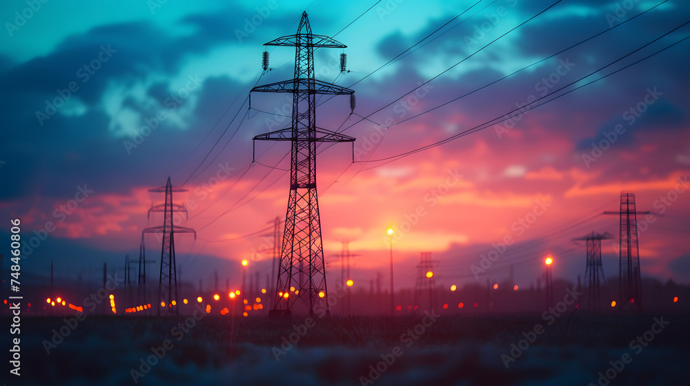 The grid, electrical grid, power grid. An electrical power grid represented by wires and small lamps The grid, electrical grid, power grid. An electrical power grid represented by wires and small lamps