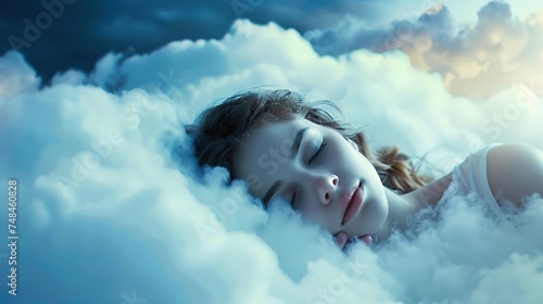 Woman Sleeping on Cloud. Sleep, Dream, Bed, Calm, Peace, Female, Lady, Relaxation, Sleepy, Sky 