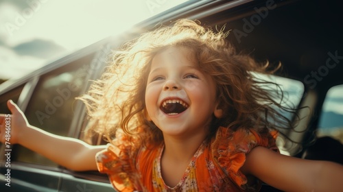 Happy children stretches her arms while sticking out car window. Lifestyle, travel, tourism, nature..family, travel, children, trip, journey, transportation © pinkrabbit