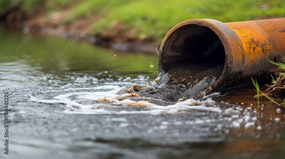 Wastewater pollution, industrial pipe, sewage, dirty water leakage into the river, environment, ecology and pollution concept Wastewater pollution, industrial pipe, sewage, dirty water leakage into the river, environment, ecology and pollution concept