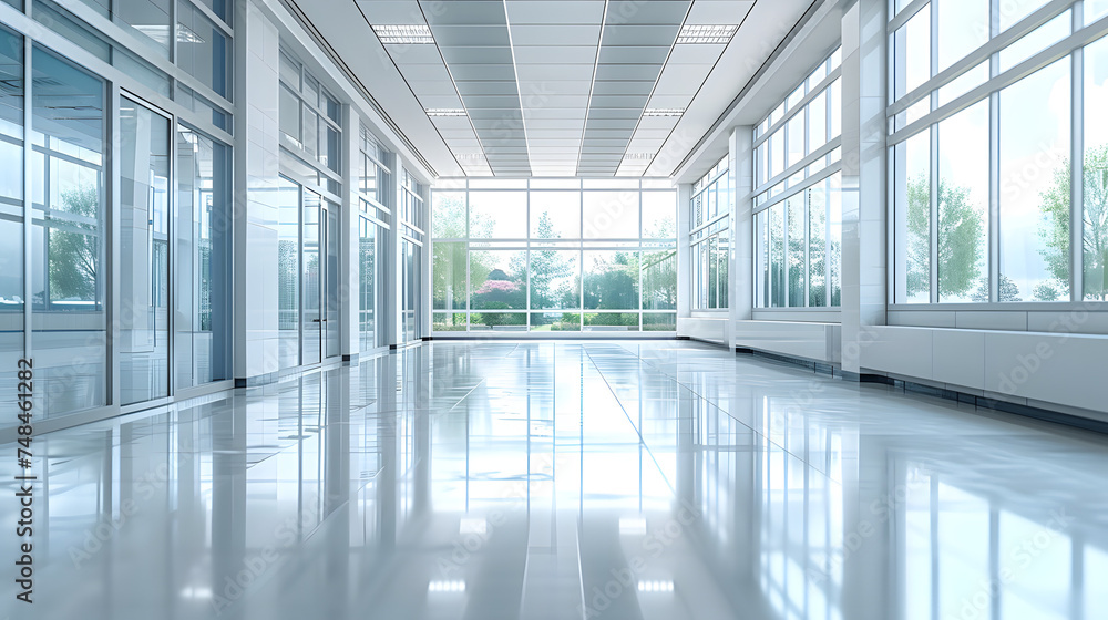 White Blur office building, healthcare clinic, hospital or school background interior view looking out toward to empty lobby White Blur office building, healthcare clinic, hospital or school background interior view looking out toward to empty lobby