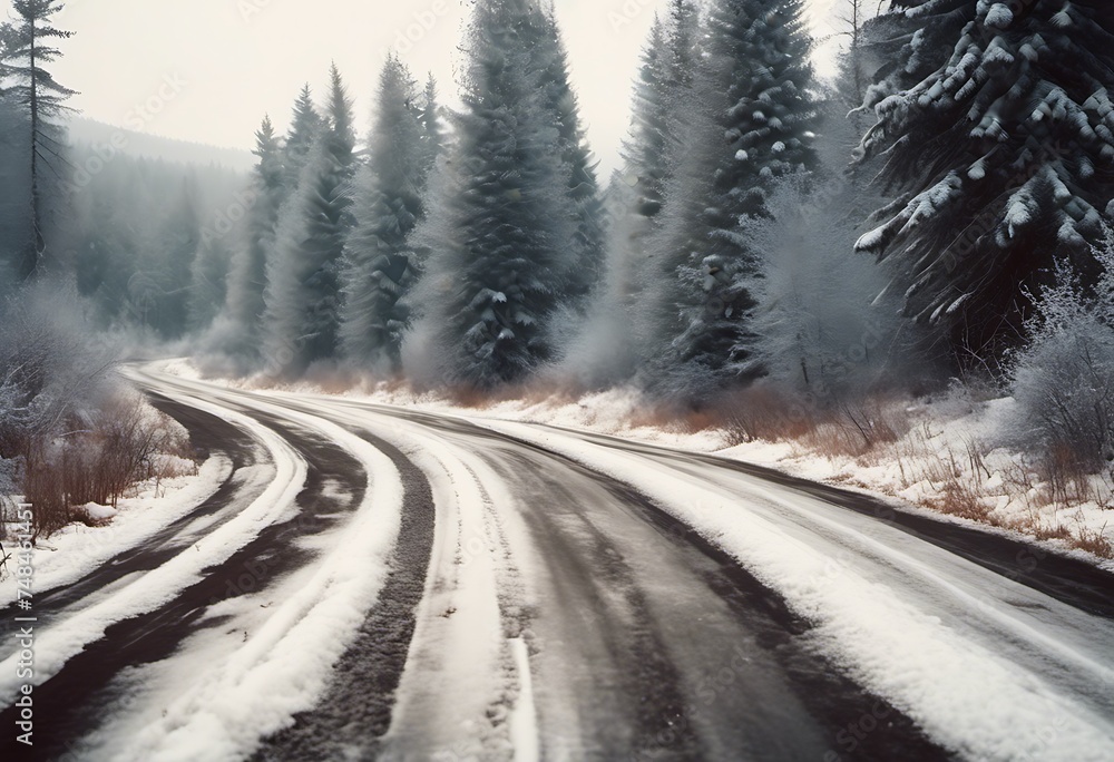 Road on winter forest background. christmas and snow