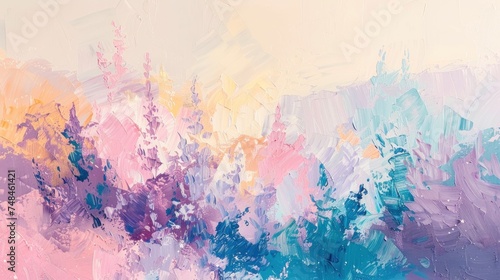 Abstract impressionistic painting with pastel brushstrokes depicting a floral landscape.