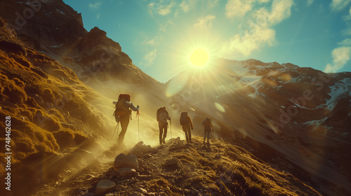 A group of explorers traverses a treacherous mountain pass