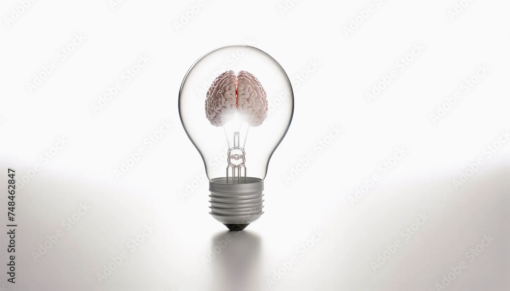 A lightbulb on a white background, with a detailed human brain inside A lightbulb on a white background, with a detailed human brain inside