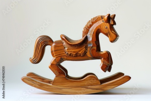 Carved wooden rocking horse centered on a white background.