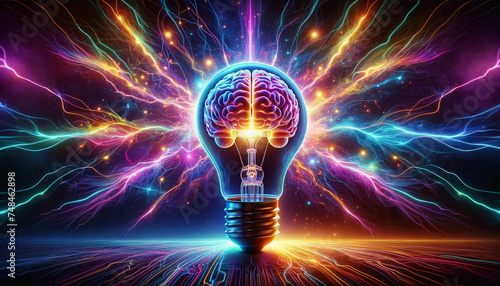 A lightbulb exploding in vibrant neon colors, showcasing a visibly detailed human brain inside wallpaper background