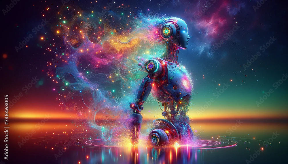A vibrant, highly detailed AI robot in the midst of transformation, its body seamlessly blending into a swirl of colorful air particles A vibrant, highly detailed AI robot in the midst of transformation, its body seamlessly blending into a swirl of colorful air particles