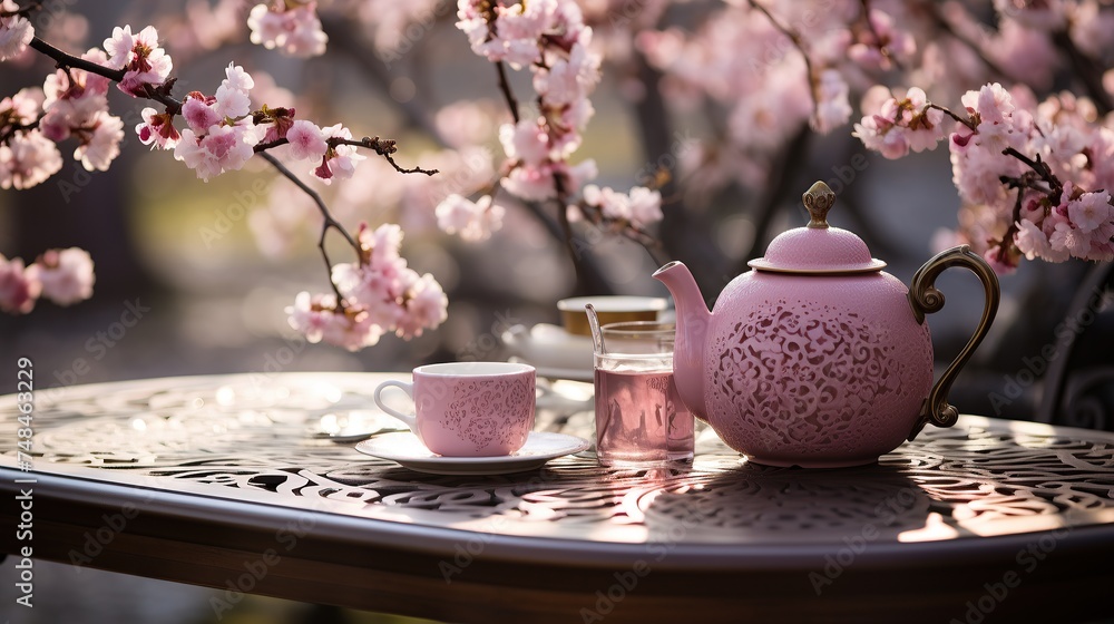 Tea table in a blooming cherry blossom grove, spring dawn - obrazy, fototapety, plakaty 