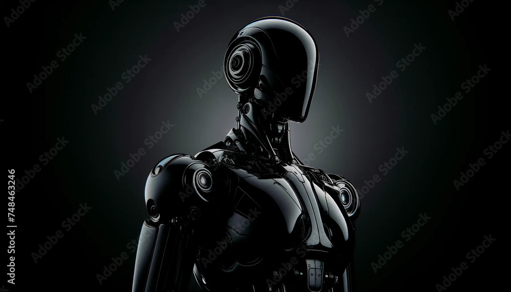 A sleek, deep black robot poised against a dark background