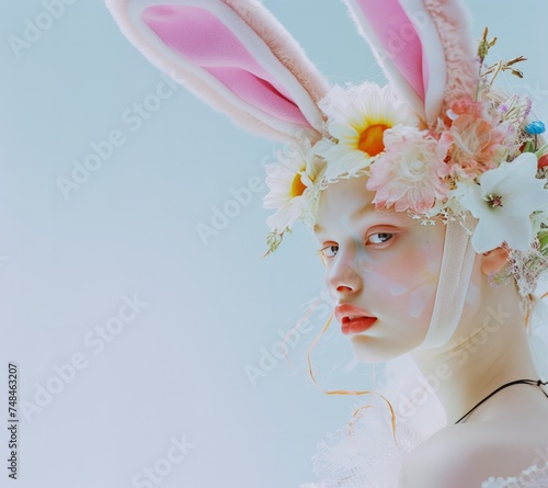 Young model wearing bunny ears headband with spring flowers. Beauty, fashion, holidays concept. Space for text or product.  photo