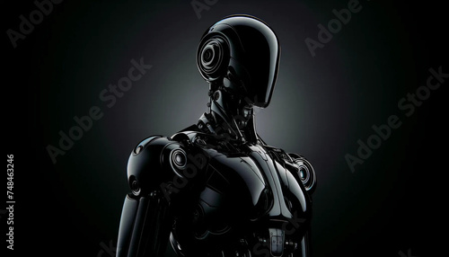 A sleek, deep black robot poised against a dark background