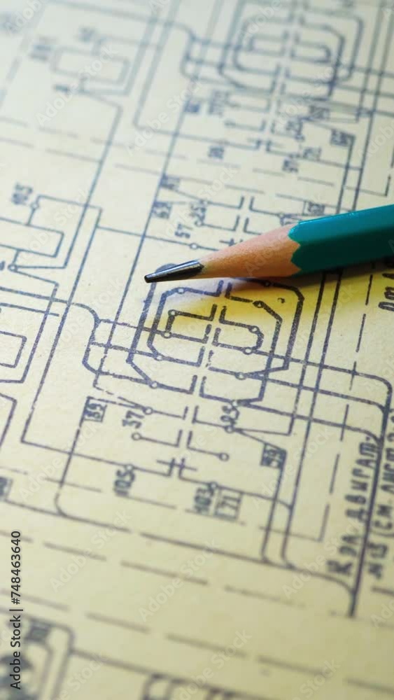 An old engineering drawing of the power supply system of an industrial building. A close-up diagram. Macro photography. Vertical video for shorts, instagram, tik tok. An old engineering drawing of the power supply system of an industrial building. A close-up diagram. Macro photography. Vertical video for shorts, instagram, tik tok.