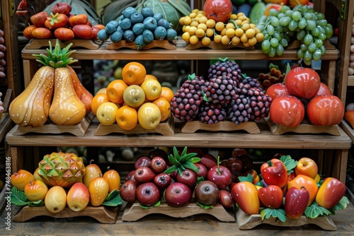 Wooden fruit and vegetables display on shelves, resembling a market stall.