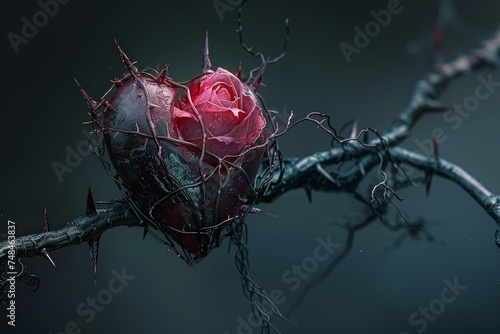 Fototapeta Naklejka Na Ścianę i Meble -  Gothic heart entwined with a rose and sharp thorns a dark romance captured in detail