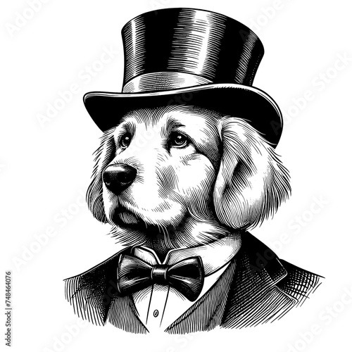 Golden retriever dog in top hat and suit. Pen and ink drawing. Vector illustration isolated on white. Vintage engraving style.