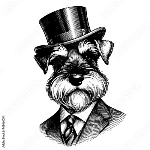 Schnauzer dog in top hat and suit. Pen and ink drawing. Vector illustration isolated on white. Vintage engraving style.