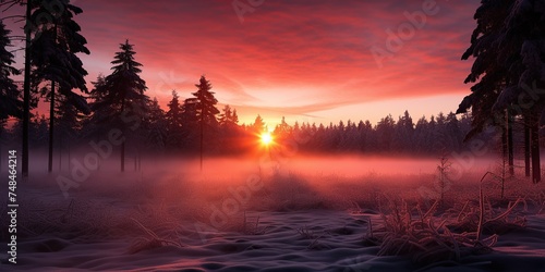 A beautiful sunrise with a crimson dawn over a pine forest